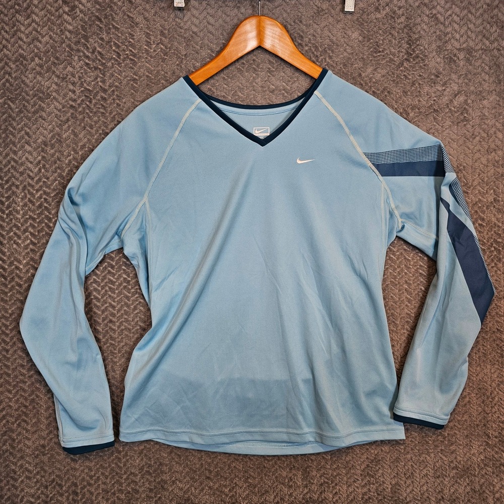 Nike Performance Girls Large 12-14 Long Sleeve V-Neck Athletic Shirt Light Blue